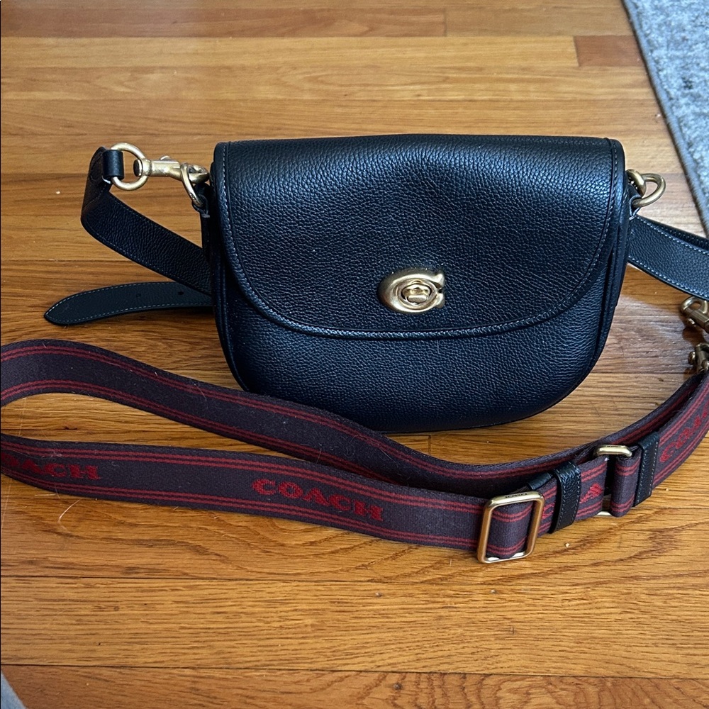 Coach Black Pebbled Leather Crossbody with Red-Trim Logo Strap
